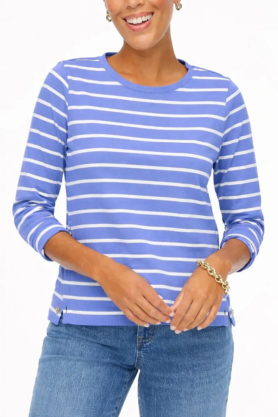 J. Crew Striped Long Sleeve Side Button Top Cool Lilac Blue Ivory CG041 Size M